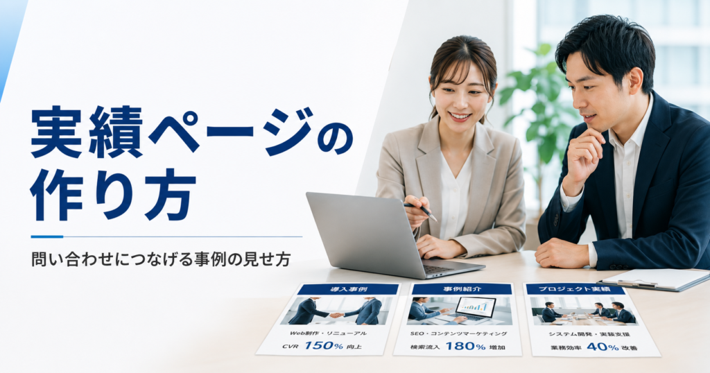 実績ページの作り方や中小企業が問い合わせにつなげる事例の見せ方を確認するWeb担当者のアイキャッチ画像