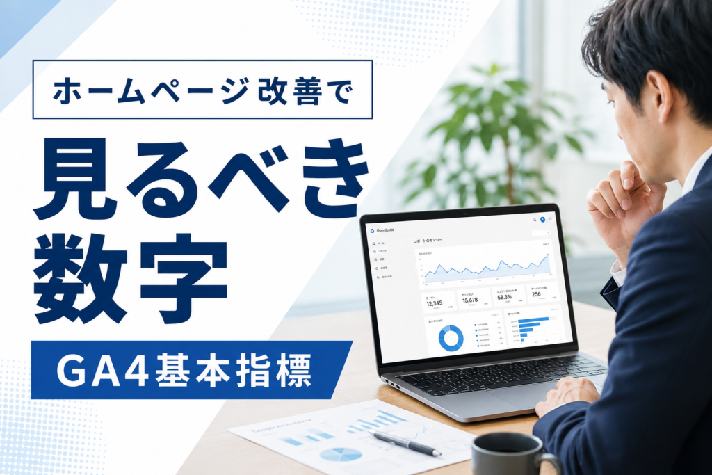 GA4の基本指標を確認しながらホームページの改善点を検討する中小企業の担当者