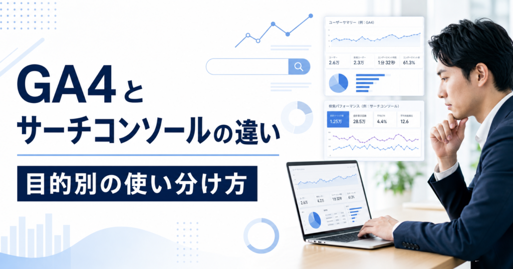 GA4とGoogleサーチコンソールの違いを確認しながらホームページを分析する中小企業の担当者