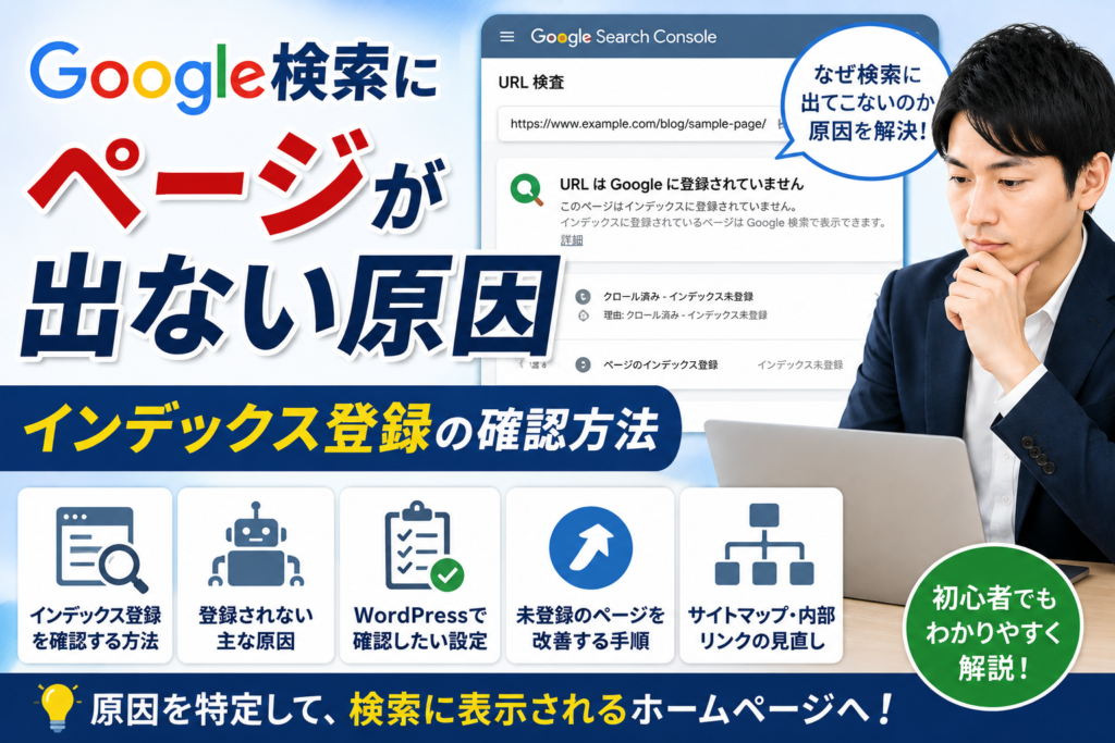 Googleサーチコンソールでページのインデックス登録状況を確認する中小企業の担当者