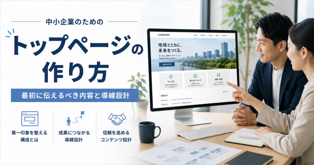 トップページの作り方や中小企業が最初に伝えるべき内容と問い合わせ導線を確認するWeb担当者のアイキャッチ画像
