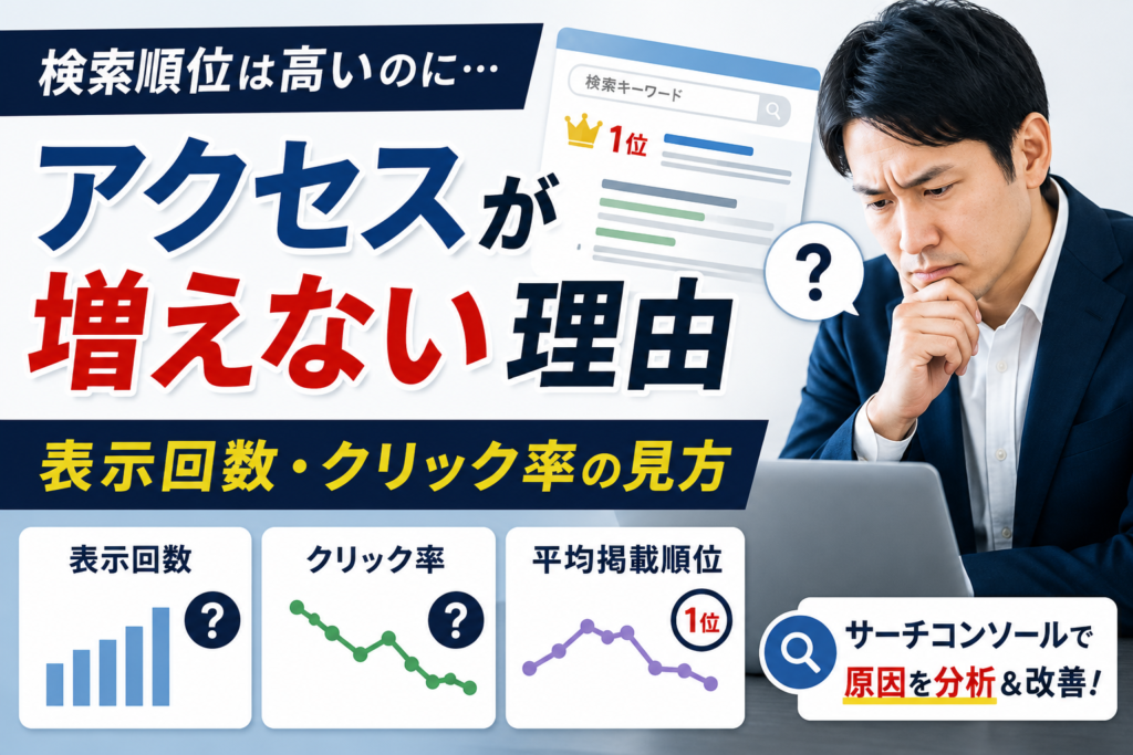 検索順位は高いのにアクセスが増えない原因をGoogleサーチコンソールで分析する中小企業の担当者