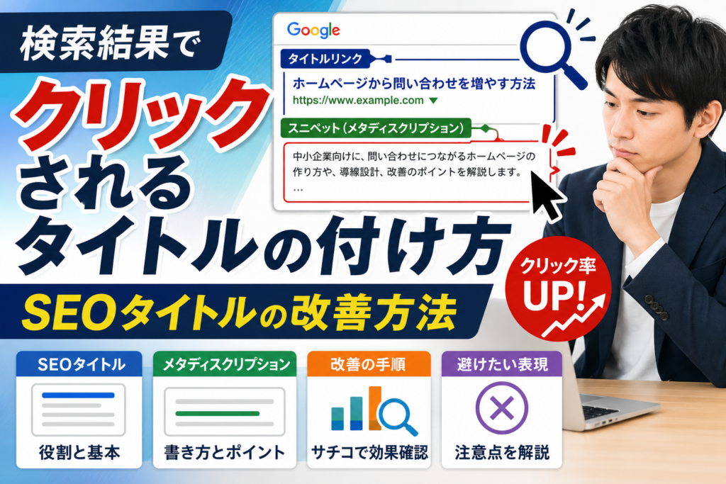 検索結果でクリックされるSEOタイトルとメタディスクリプションを検討する中小企業の担当者