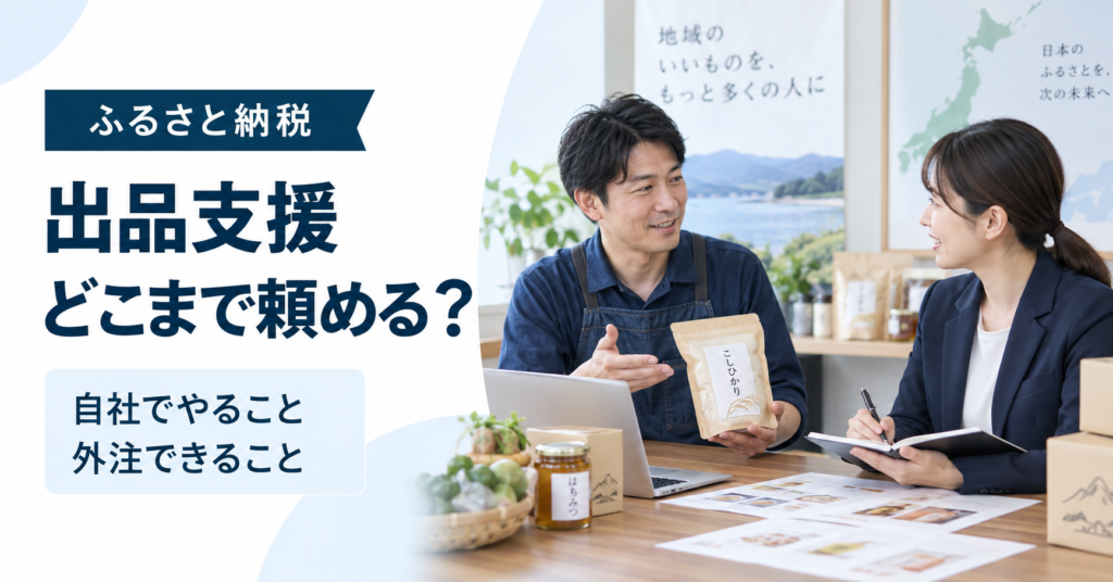 ふるさと納税への出品を検討する地域事業者が、自社で行う業務と外部支援へ依頼する範囲を整理している様子